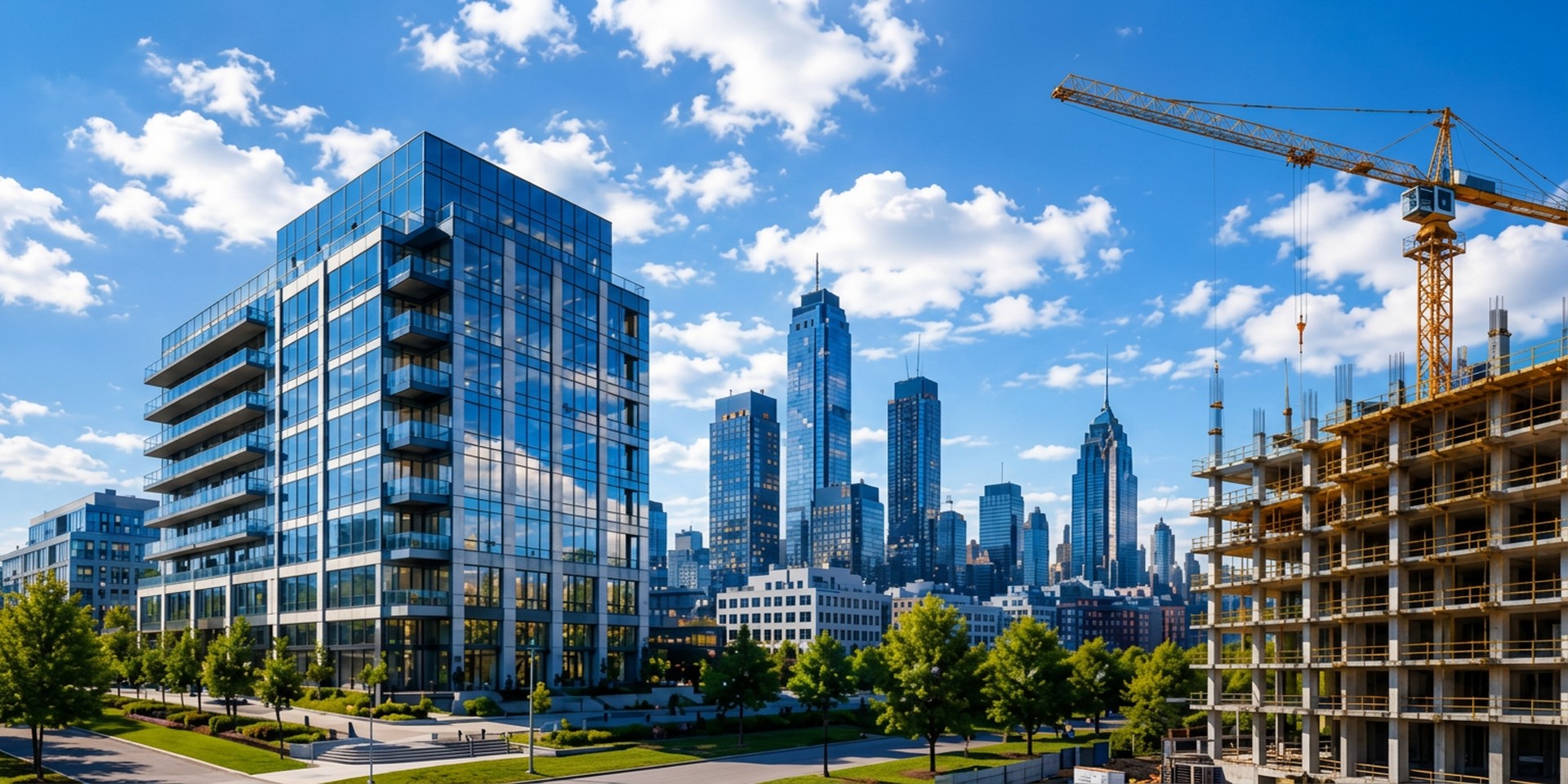 Illustration architecturale : immeuble vitré, skyline et chantier avec grue sous un ciel bleu